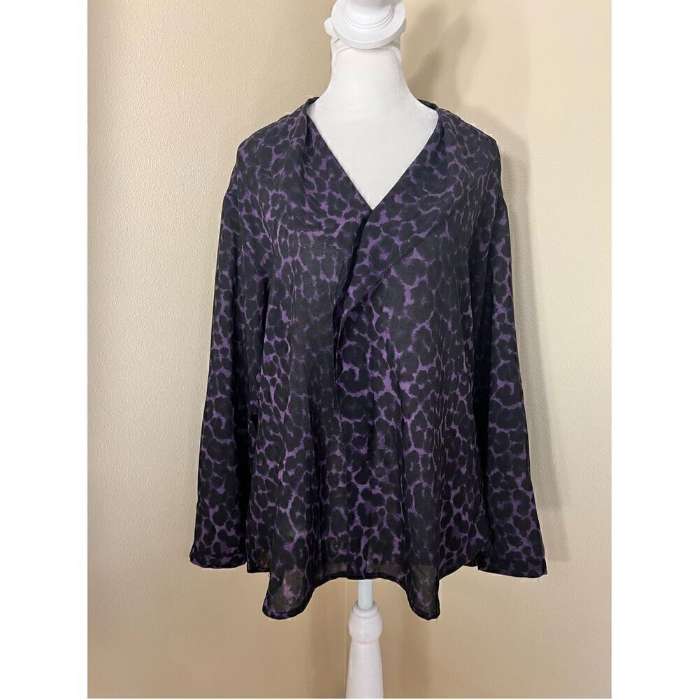 Ann Taylor Black Purple Leopard Print Semi Sheer Blouse Petite Medium